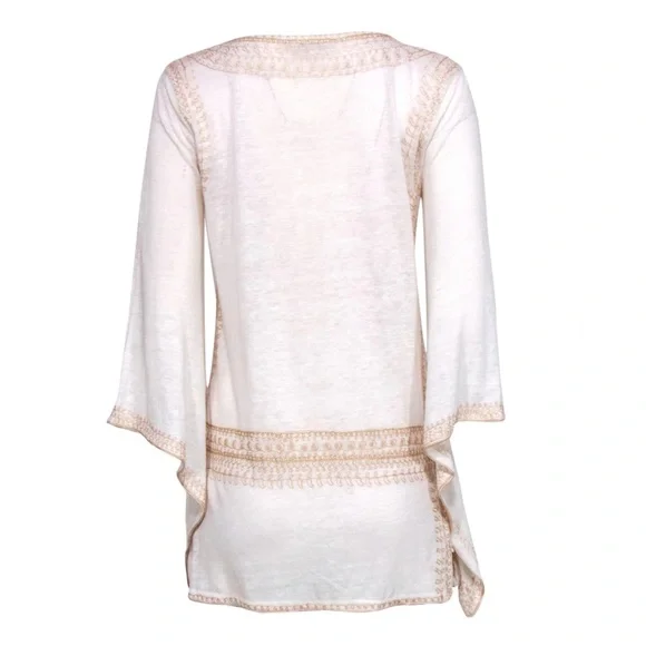 Calypso St. Barth Etasa Tunic Linen White Ivory Flared Sleeve Embroidered Blouse - Picture 2 of 9